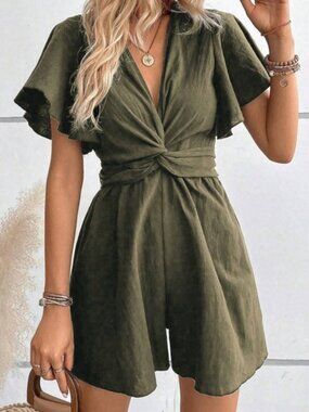 Plunging Neck Butterfly Sleeve Cotton Romper